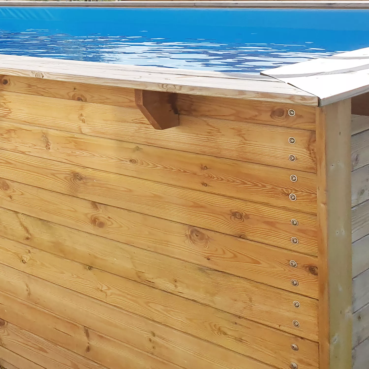 Holzpool Rund mit stirnseitiger Terrasse Natur/ Blau - 400 x 400 cm